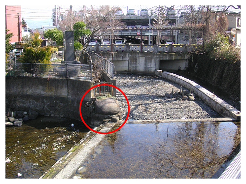 大口分水工の画像。中央に「亀石」が写っている。